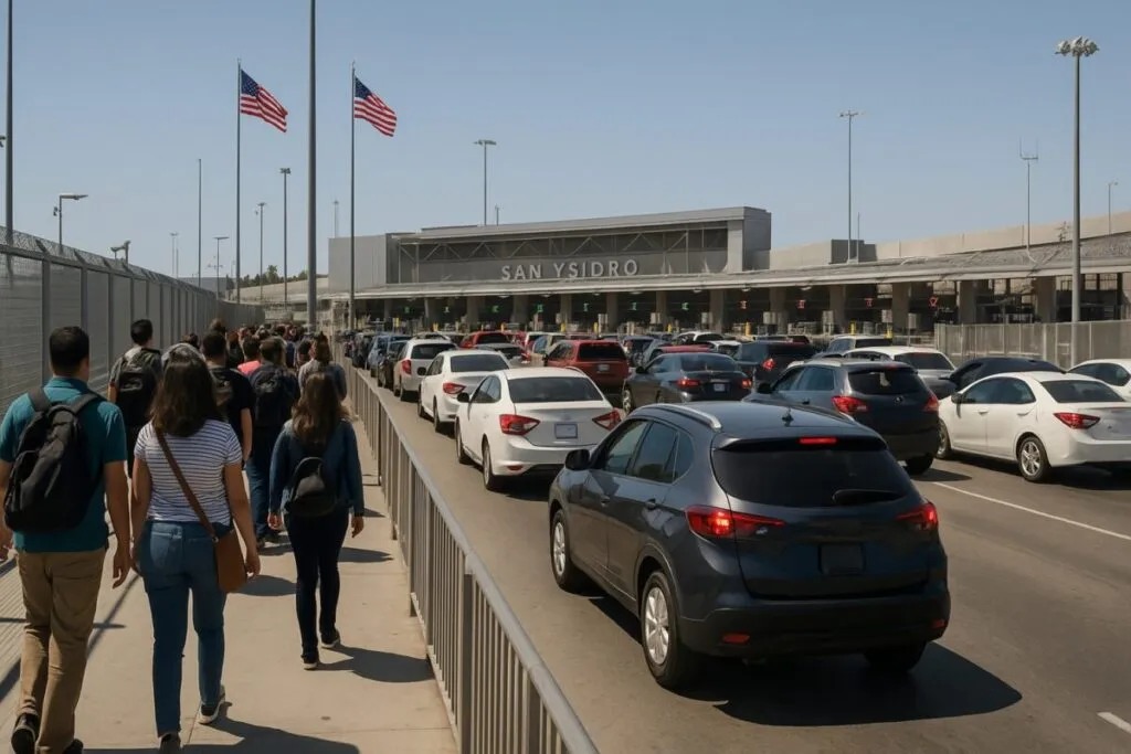 Vehículos y peatones cruzando por garitas de Tijuana con tiempos de espera largos hacia San Diego este 21 de septiembre.