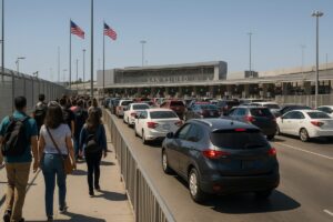 Vehículos y peatones cruzando por garitas de Tijuana con tiempos de espera largos hacia San Diego este 21 de septiembre.