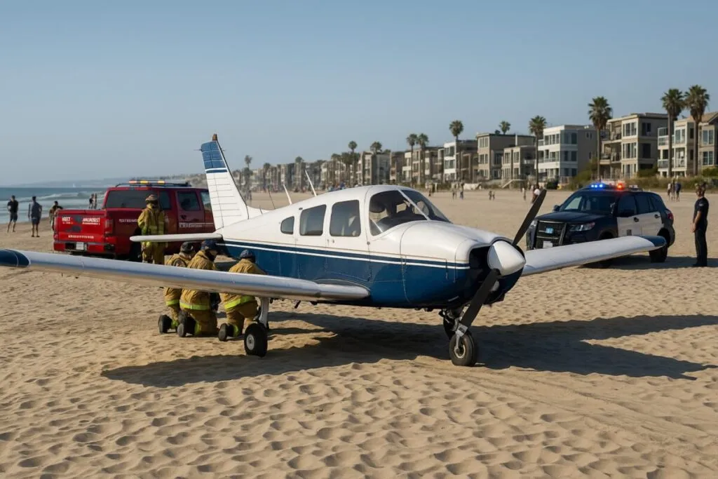 Vista aérea de una avioneta en la arena de Mission Beach tras aterrizaje de emergencia, rodeada de autoridades y sin personas heridas