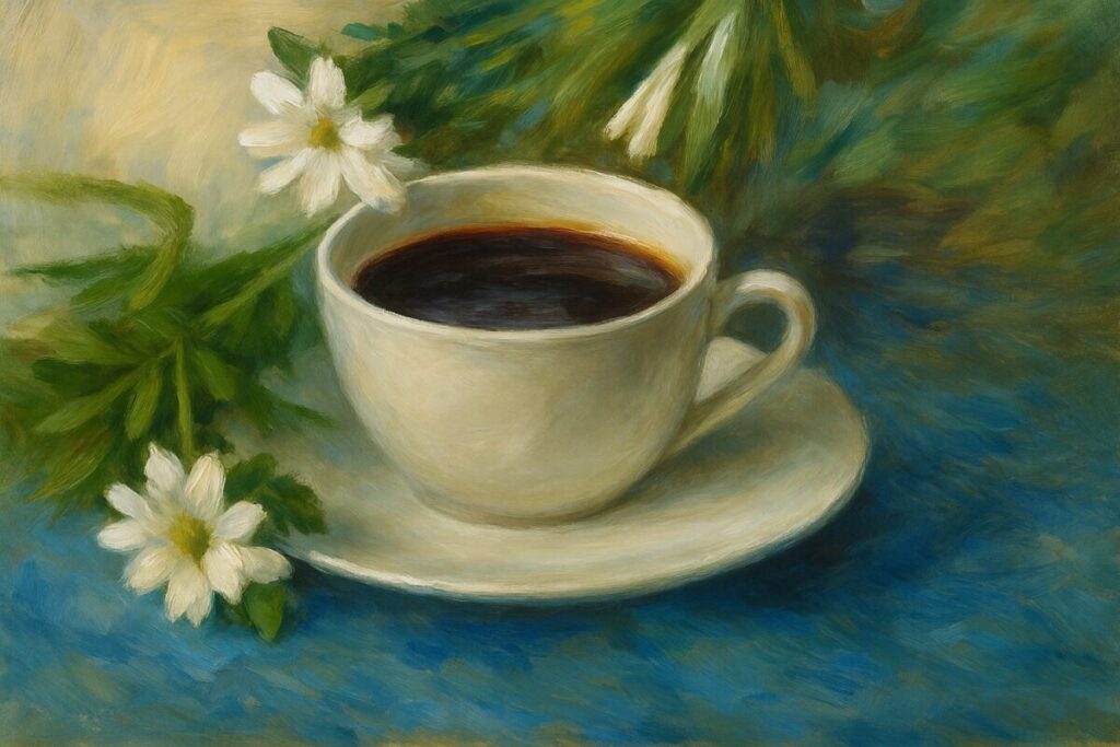 Taza de café sobre plato blanco, rodeada de flores, pintada al óleo en estilo artístico, ideal para representar espacios creativos de café y pintura en Tijuana