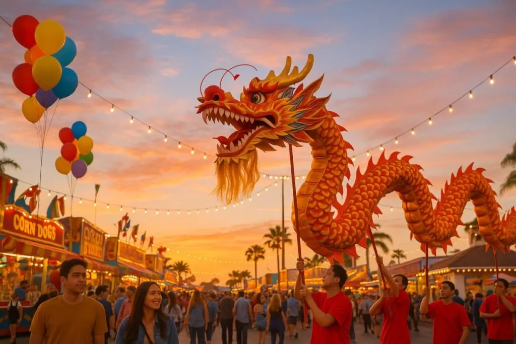 Personas celebrando en la Feria del Condado de San Diego con decoración inspirada en la Danza del Dragón