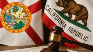 Autopista en Florida con un tráiler detenido, símbolo del conflicto entre Florida y California por licencias a inmigrantes indocumentados.