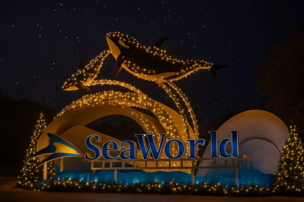 Luces navideñas en SeaWorld San Diego rodeadas de familias disfrutando espectáculos culturales