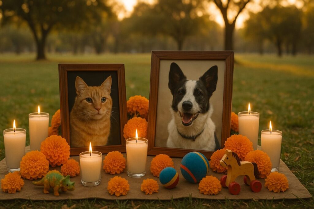 Altar de muertos para mascotas en San Diego con fotos, flores y veladoras