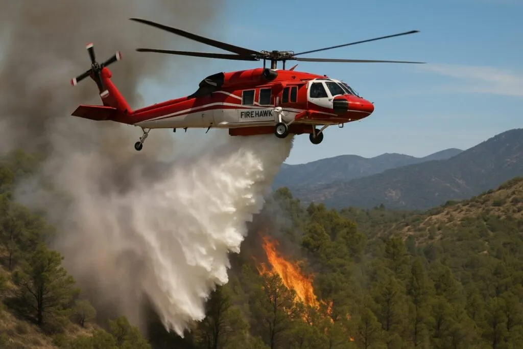 Helicóptero Firehawk sobrevolando zona boscosa en San Diego en operación contra incendios forestales