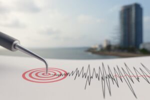 Representación de un leve sismo en San Diego con elementos urbanos y la costa de California al fondo
