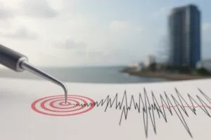 Representación de un leve sismo en San Diego con elementos urbanos y la costa de California al fondo