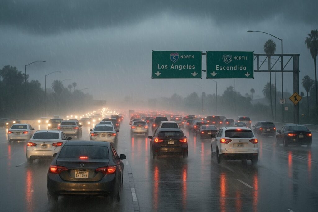 Autos detenidos por tráfico bajo intensa lluvia en autopista de San Diego, afectando la hora pico