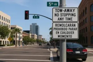 Intersección en San Diego con señales de tránsito en inglés y español para turistas mexicanos