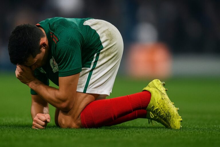 Futbolista mexicano con uniforme verde, lesionado en el césped durante un partido, baja confirmada para México vs Paraguay