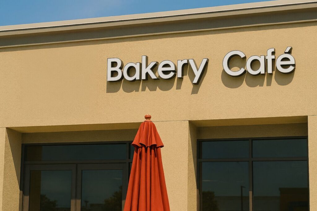 Fachada real de panadería asiática Sheng Hui Dim Sum en San Diego con letrero de cierre y sombrilla roja bajo luz solar