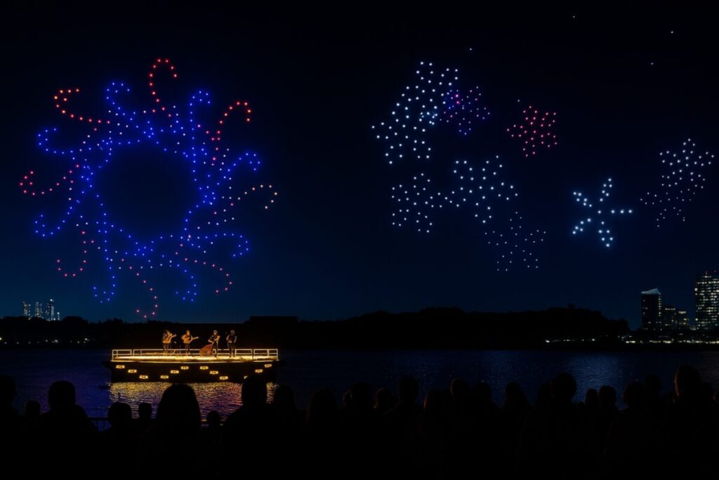 Cielo nocturno de San Diego iluminado por drones durante el espectáculo DroneArt, evento gratuito con música y tecnología.