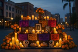 Altares decorados con flor de cempasúchil celebrando el Día de Muertos en la comunidad mexicana de San Diego