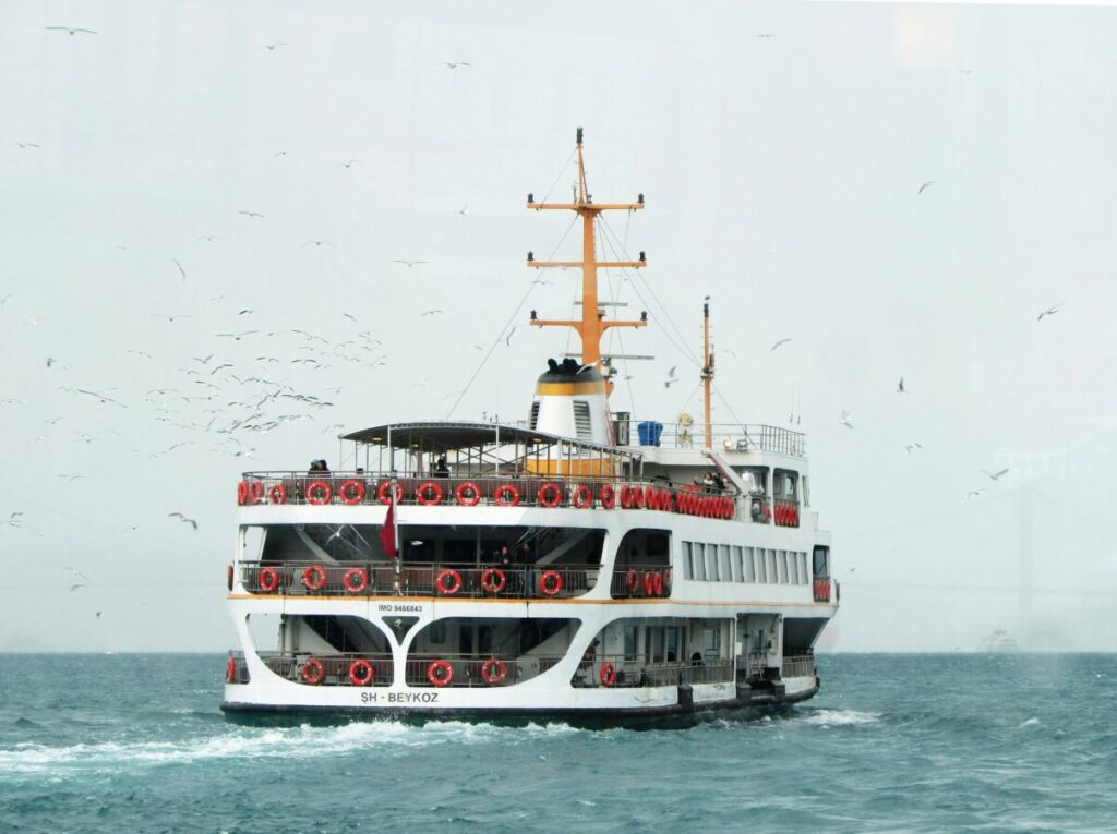 Vista del ferry San Diego-Ensenada en puerto, con cielo despejado y embarque de pasajeros