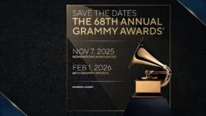 Escenario iluminado de los Grammys con artistas nominados como Bad Bunny y Sabrina Carpenter.