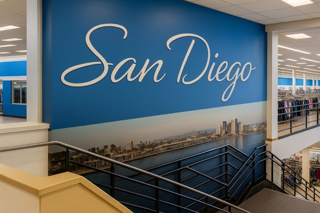 Interior de la tienda Ross en San Diego con mural azul decorativo y escaleras, muestra arquitectura comercial urbana