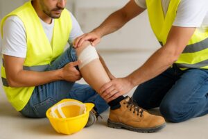 Trabajador con rodilla vendada recibiendo ayuda tras lesión laboral en San Diego, usando chaleco de seguridad