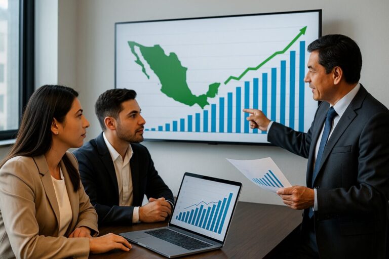 Fotografía de empresarios mexicanos observando gráficas de crecimiento económico, simbolizando estabilidad e inversión extranjera