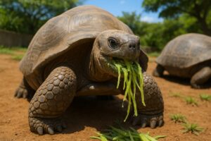 Tortuga de Galápagos comiendo vegetales en el Zoológico de San Diego, símbolo de longevidad y conservación ambiental