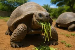 Tortuga de Galápagos comiendo vegetales en el Zoológico de San Diego, símbolo de longevidad y conservación ambiental