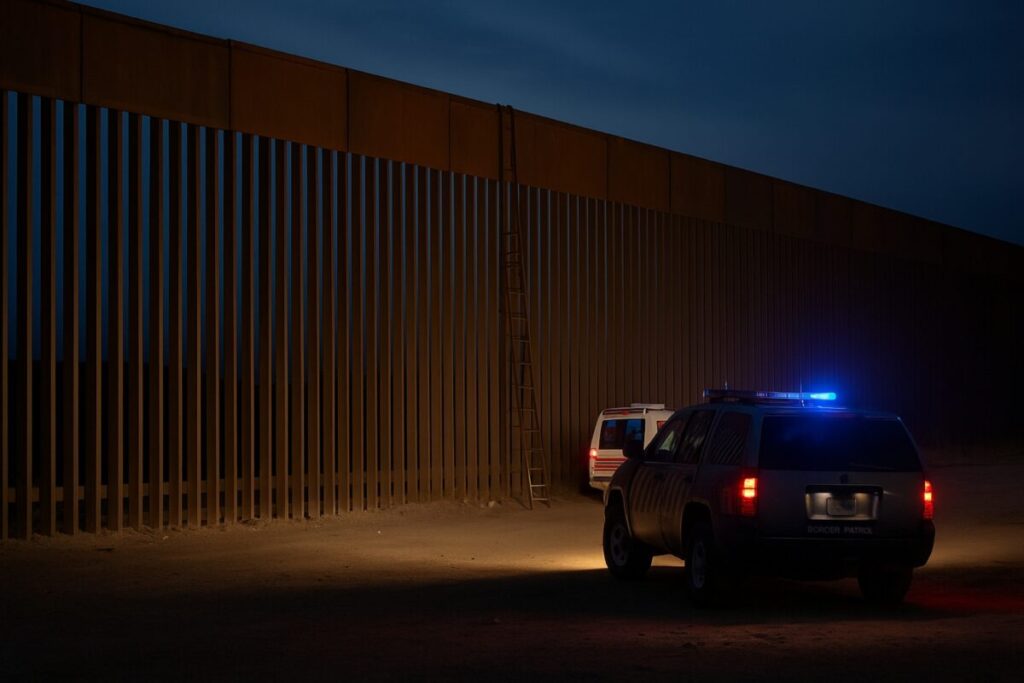 Imagen del muro fronterizo en Otay Mesa, San Diego, con presencia policial y estructura de gran altura, asociada a la caída mortal de una mujer mexicana.
