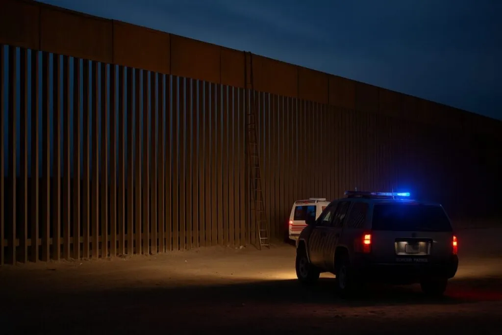 Imagen del muro fronterizo en Otay Mesa, San Diego, con presencia policial y estructura de gran altura, asociada a la caída mortal de una mujer mexicana.