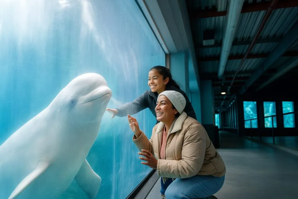 Dos personas interactúan con una beluga en SeaWorld San Diego durante la temporada navideña