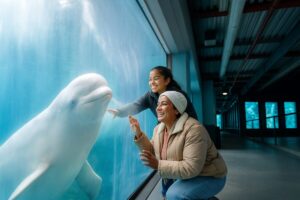 Dos personas interactúan con una beluga en SeaWorld San Diego durante la temporada navideña