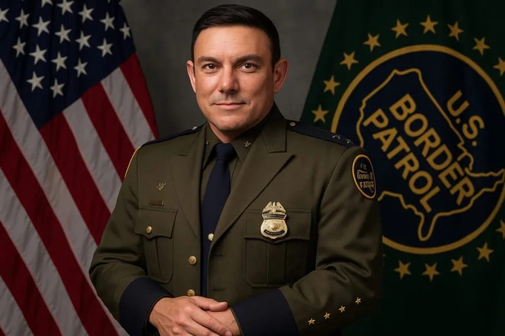 Retrato profesional del nuevo jefe de la Patrulla Fronteriza en San Diego con fondo de banderas oficiales