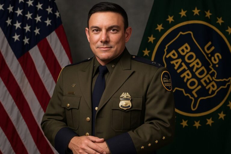 Retrato profesional del nuevo jefe de la Patrulla Fronteriza en San Diego con fondo de banderas oficiales