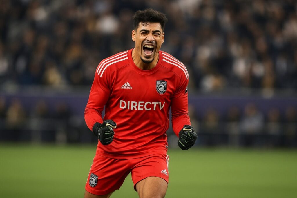Portero de San Diego FC celebra con entusiasmo en el campo durante partido de la MLS 2025