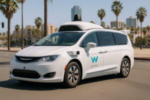 Robotaxi eléctrico de Waymo operando en calles de San Diego con fondo urbano y luz natural