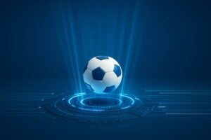 : Balón de fútbol iluminado digitalmente simbolizando ciudades inteligentes rumbo al Mundial 2026