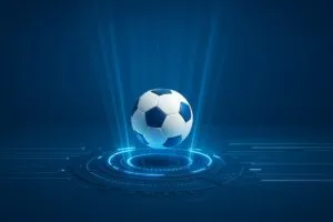 : Balón de fútbol iluminado digitalmente simbolizando ciudades inteligentes rumbo al Mundial 2026