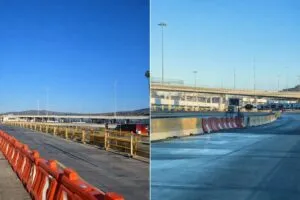 Vista fotográfica de las garitas vacías en la frontera Tijuana-San Diego con cielo despejado