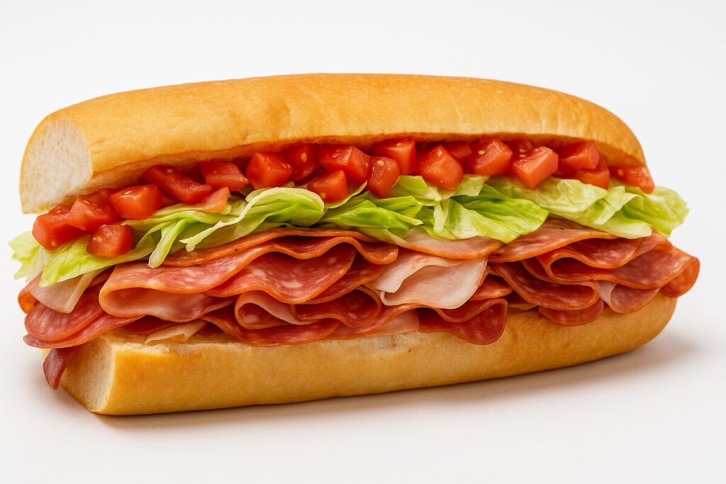 Sándwich de Jersey Mike’s estilo Costa Este con carnes frías, lechuga, tomate y pan artesanal en presentación fotorealista