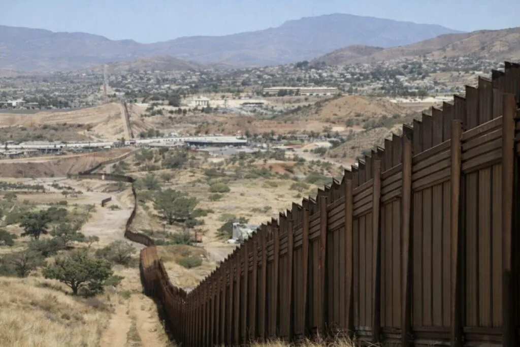 Vista del muro fronterizo en San Diego con Tijuana, reflejando baja histórica en detenciones