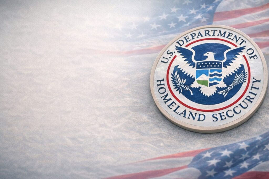 Personas hispanas con atuendo profesional frente a edificio gubernamental, reflejando cambio en visas H-1B