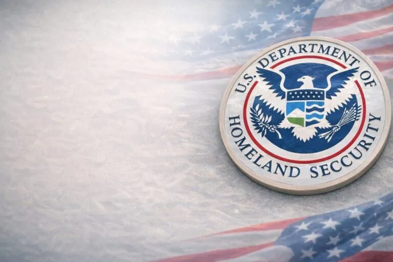 Personas hispanas con atuendo profesional frente a edificio gubernamental, reflejando cambio en visas H-1B