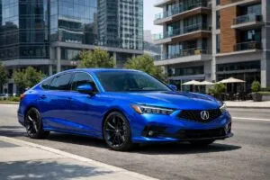 Vista lateral del Acura Integra 2026 en una calle moderna, resaltando diseño y elegancia premium