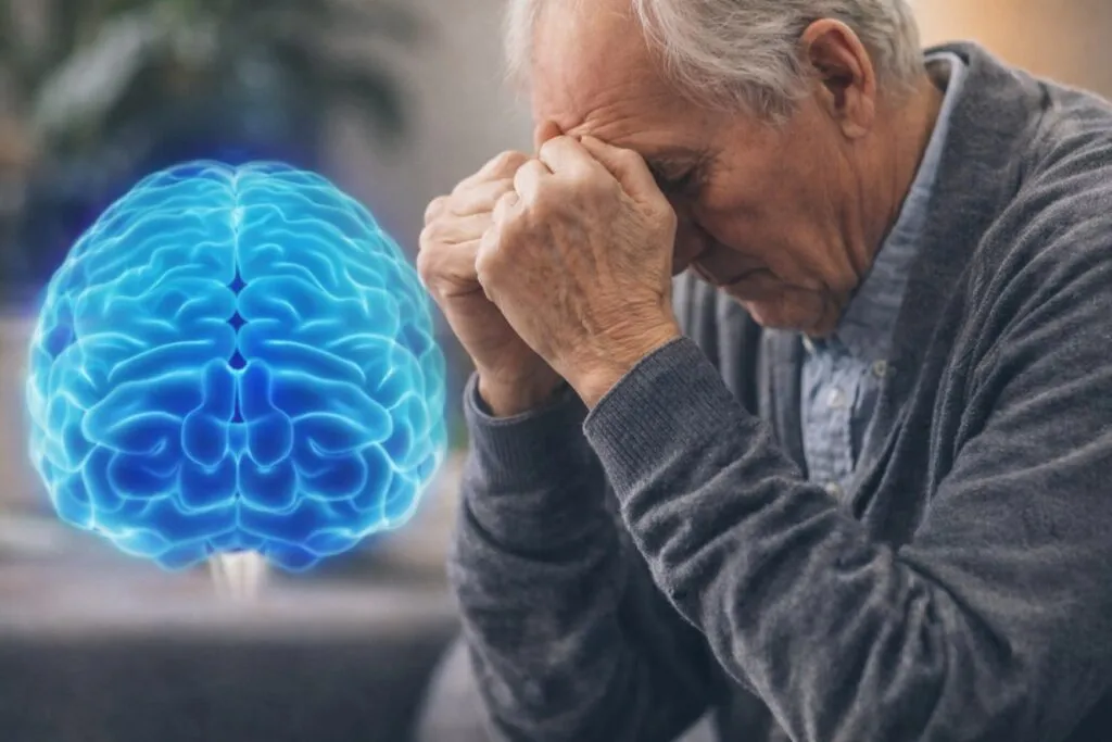 Hombre adulto mayor con expresión de angustia, junto a una imagen de cerebro azul, representación del Alzheimer