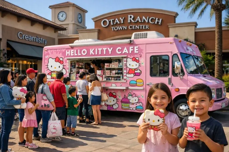 Hello Kitty Cafe Truck en Chula Vista con visitantes comprando postres y coleccionables