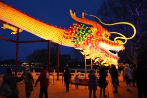 Dragón iluminado en SeaWorld San Diego durante las festividades del Año Nuevo Lunar, con visitantes observando la escultura luminosa
