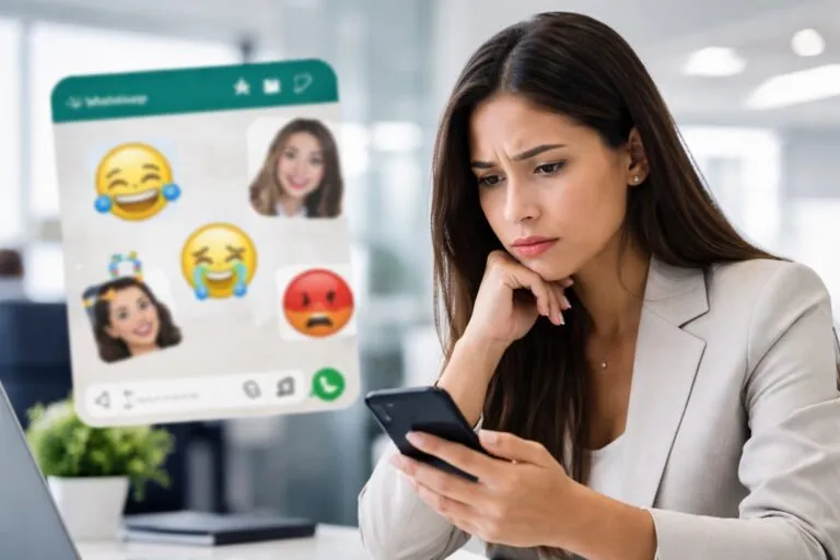 Mujer mexicana en oficina preocupada por stickers de WhatsApp que vulneran su imagen o privacidad