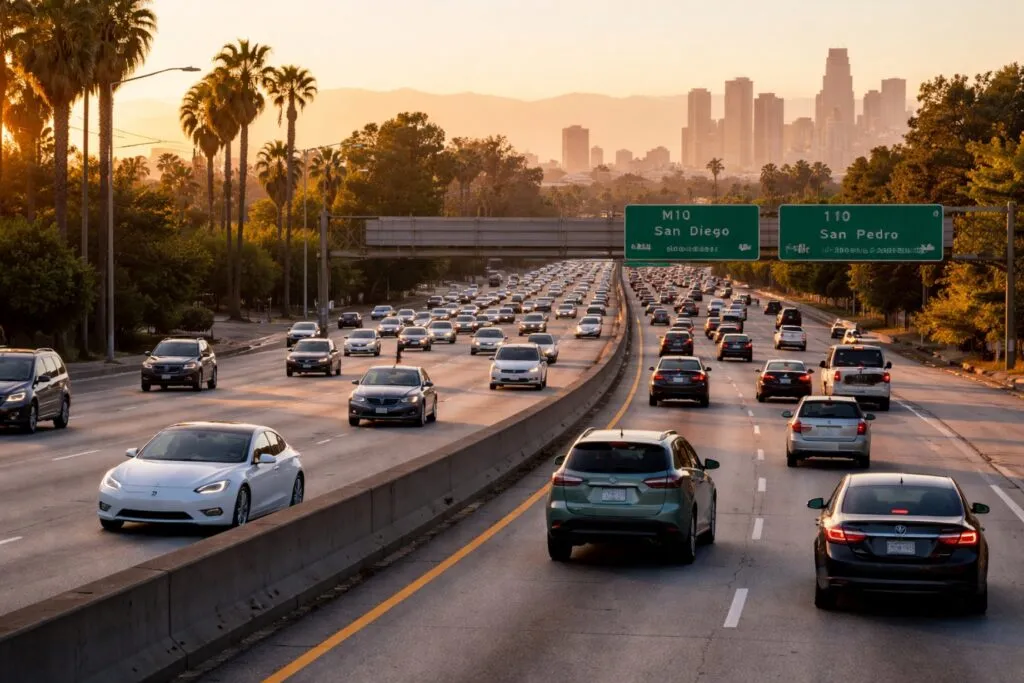 Imagen de autopista californiana con autos en movimiento, ilustrando el análisis de un impuesto por millaje