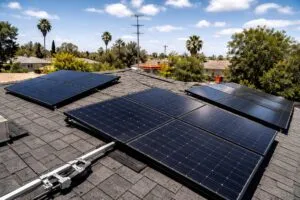Vecinos con paneles solares en techo bajo normas solares de California reflejando energía limpia y comunidad local