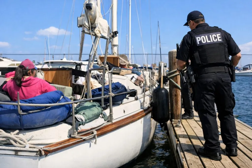 Vista aérea de patrulleros marítimos y embarcaciones interceptadas en el operativo marítimo cerca de San Diego