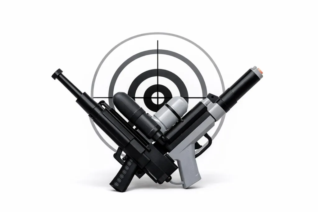 Escena de estudiantes jugando con pistolas de agua y oficiales observando para reforzar la seguridad escolar y prevención de riesgos juveniles