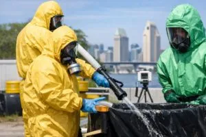 Equipo ambiental trabajando en área afectada por contaminación tóxica en San Diego para proteger a comunidades locales.