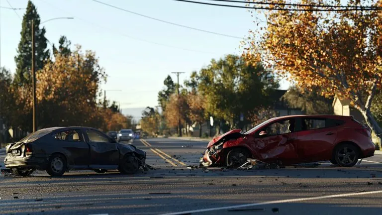 Escena urbana tras accidentes viales en Sacramento con patrullas y señalización preventiva